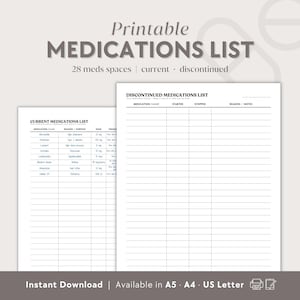 Medication List Printable | Current Medication & Discontinued Medications Log, Minimalist Medicine Chart, Supplement Dose, Side Effects, PDF