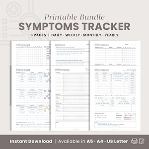 Paquete de seguimiento de síntomas / Seguimiento imprimible diario, semanal, mensual y anual para enfermedades con dolor crónico, planificador médico con insertos para diario de síntomas