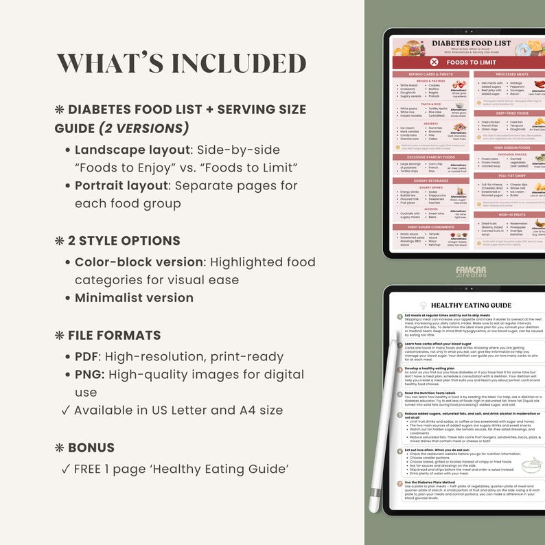 Product details graphic listing what’s included: landscape and portrait layouts, color-block and minimalist styles, A4 and US Letter sizes, PDF and PNG formats.