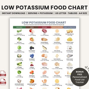 Pode incluir: Um gráfico de alimentos com baixo teor de potássio para impressão. Lista vegetais, frutas, proteínas, grãos e alternativas de laticínios com seu teor de potássio. O texto "LOW POTASSIUM FOOD CHART" está no topo.