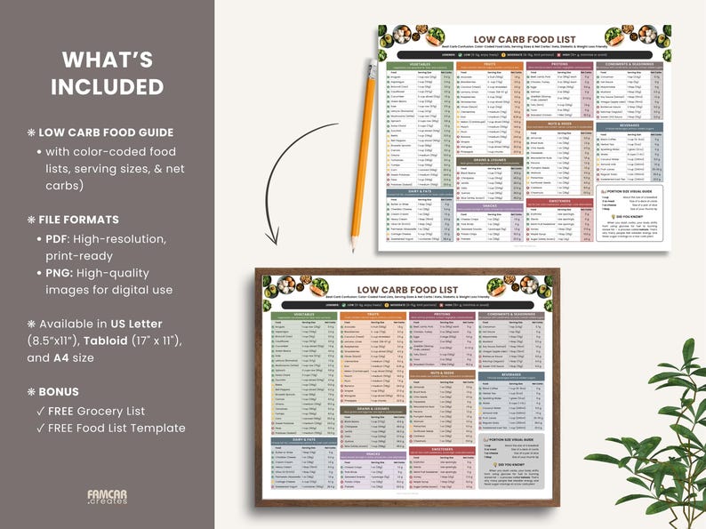 Side-by-side of US Letter, Tabloid, and A4 sizes for low carb food list printable – PDF and PNG format preview.