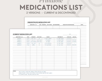 May include: Printable medication list template with two versions: current and discontinued medications. The template includes columns for medication name, dose, frequency, with food, reason, prescribed by, start date, and end date.