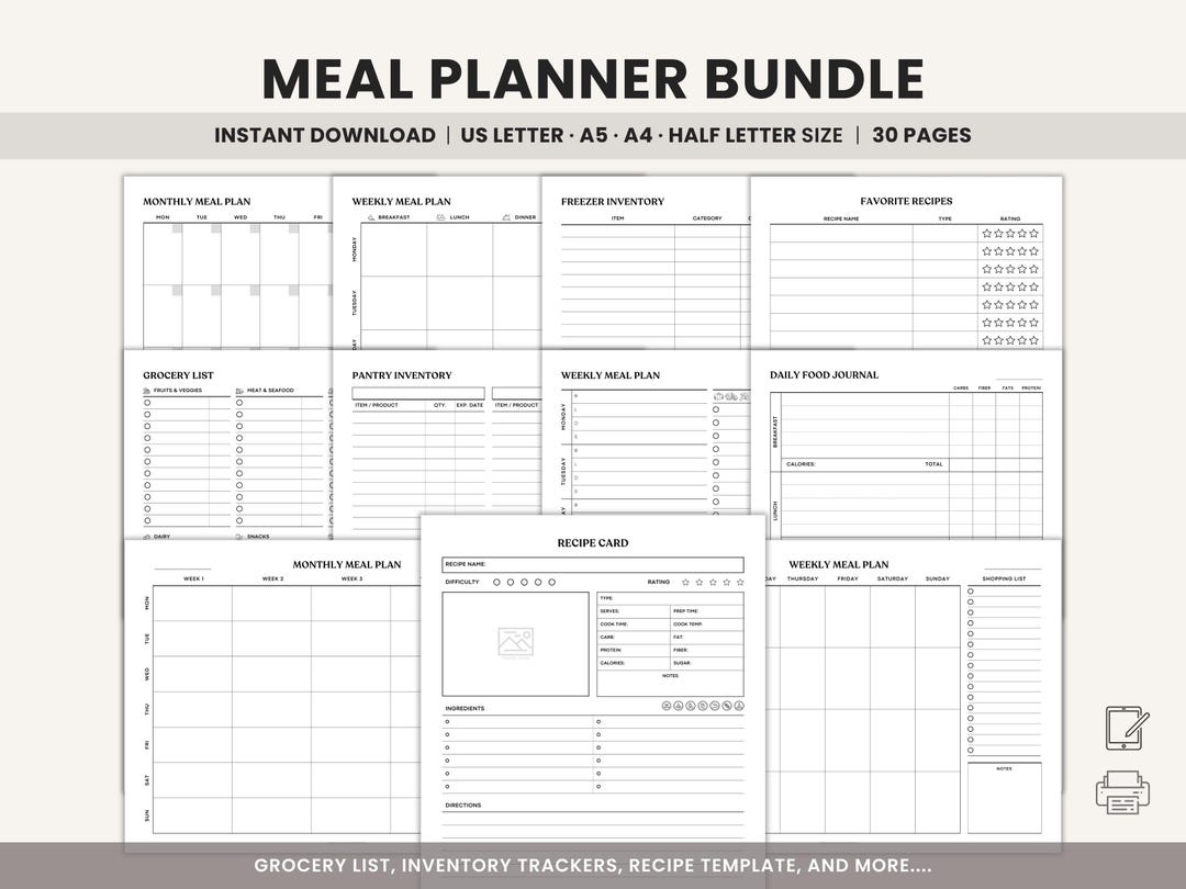 Minimalist Meal Planner Printable Grocery List, Weekly Meal Menu ...