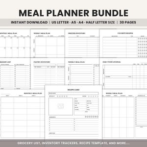 May include: A black and white meal planner bundle with templates for meal planning, inventory tracking, and recipes. Includes monthly and weekly meal plans, freezer and pantry inventory, and recipe cards. Text reads "MEAL PLANNER BUNDLE". Sizes include US Letter, A5, A4, and half-letter.