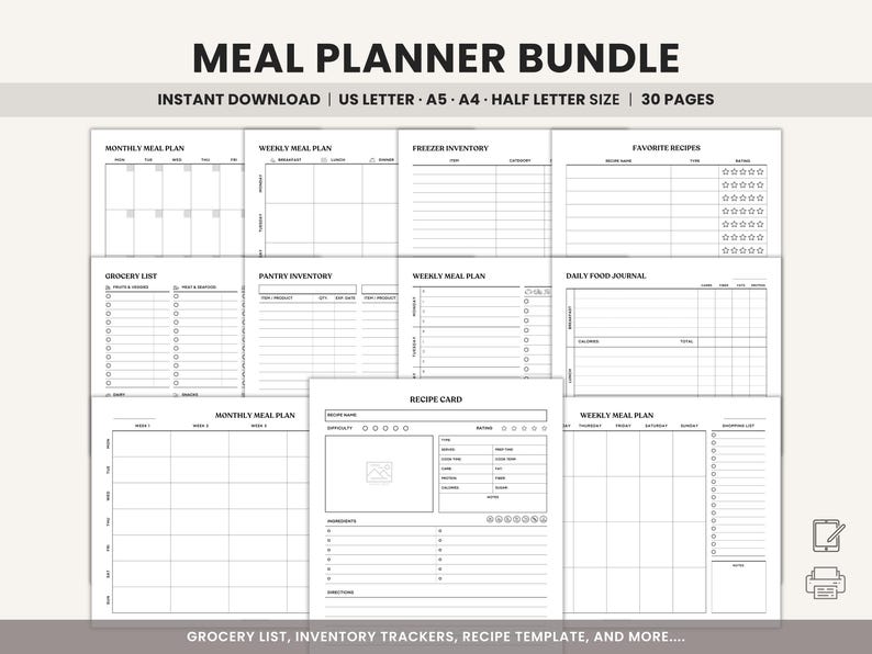 Minimalist Meal Planner Printable Grocery List, Weekly Meal Menu ...
