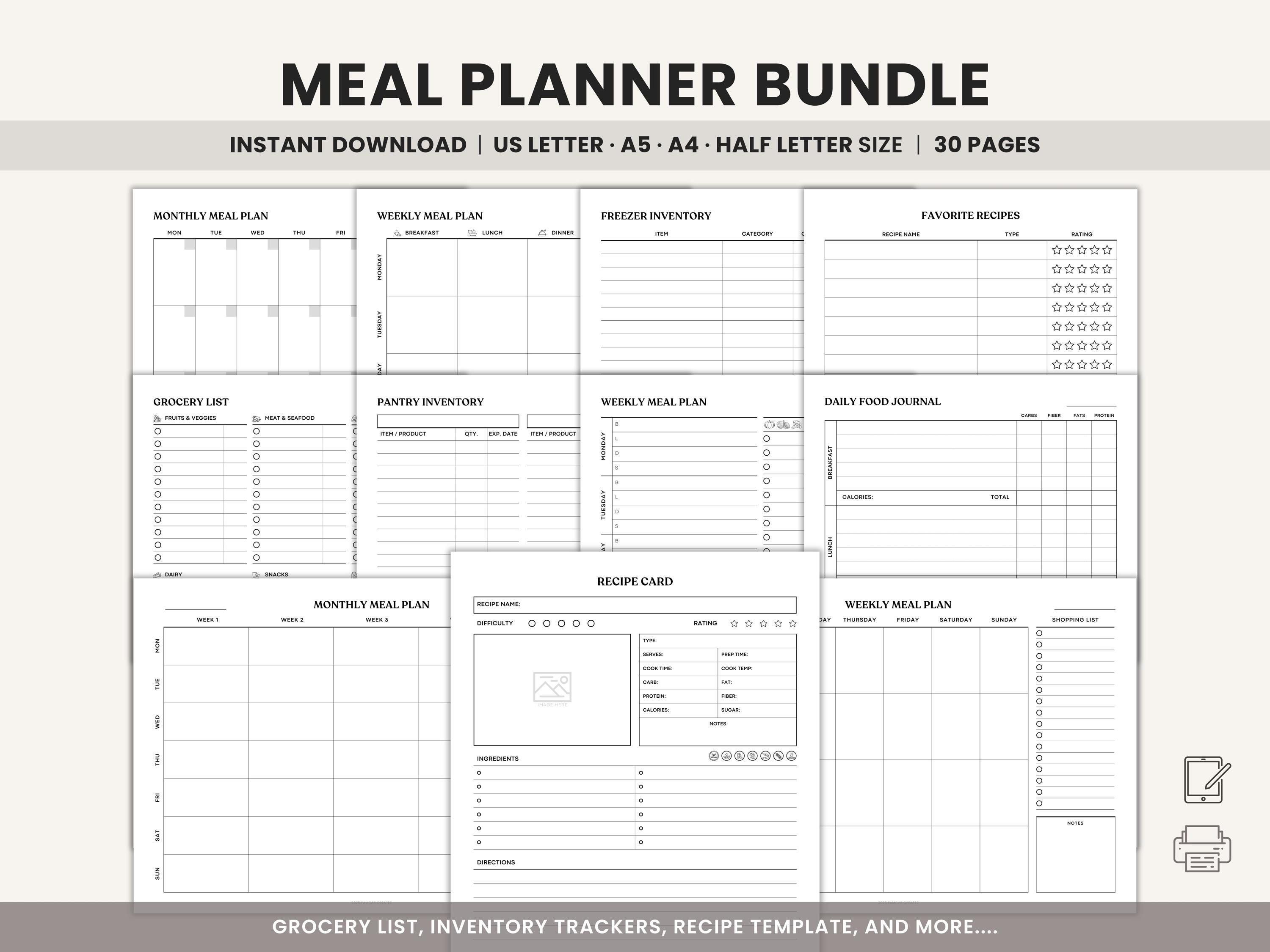 Minimalist Meal Planner Printable Grocery List, Weekly Meal Menu ...