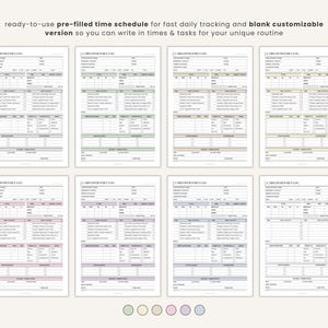 May include: A collection of printable caregiver daily log sheets in various pastel colors. Each sheet features a pre-filled time schedule for tracking tasks and a customizable section for unique routines. Text at the top reads: "ready-to-use pre-filled time schedule..."