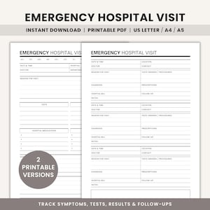 Peut inclure: Deux formulaires imprimables pour les visites d'urgence à l'hôpital. Les formulaires sont blancs avec du texte et des lignes noirs pour remplir des informations sur la date, le médecin, la raison de la visite, les tests et le suivi. Le texte "Emergency Hospital Visit" est en haut.