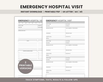 Emergency Hospital Visit Log Printable ER Visit Tracker Emergency Binder Medical Organizer Health Record PDF US Letter A4 A5