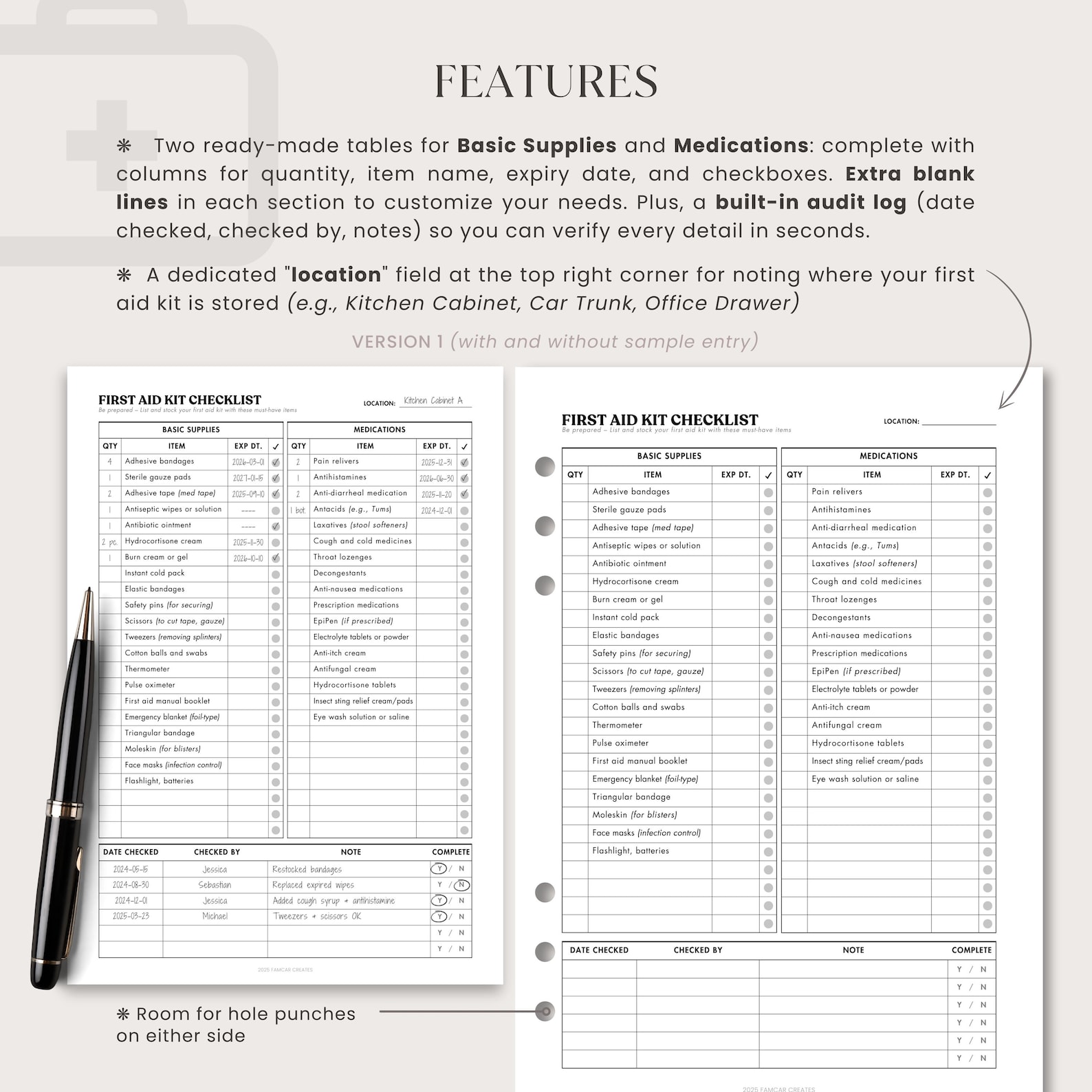 First Aid Kit List Printable | Medical Kit Inventory Chart, Pre-filled ...