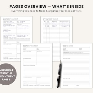 May include: A collection of four essential appointment pages for tracking and organizing medical visits. The pages include a doctor appointment form, appointment tracker, and doctor notes. A black pen rests on the pages. The text reads "PAGES OVERVIEW - WHAT'S INSIDE."