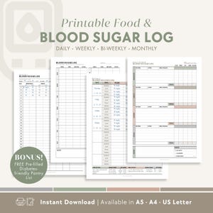May include: Printable blood sugar log with daily, weekly, bi-weekly, and monthly tracking sheets. The log includes sections for recording blood sugar levels, meals, and notes. It also includes a bonus free pre-filled diabetes-friendly pantry list.