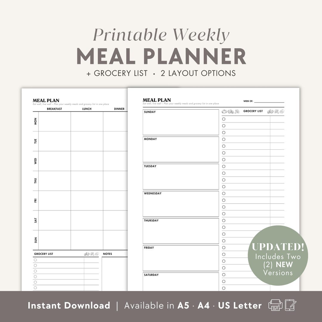 Weekly Meal Planner + Grocery List, 7 Day Menu Plan, Printable Food ...