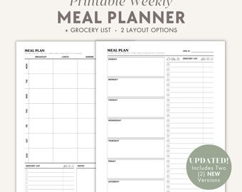 Weekly Meal Planner + Grocery List, 7 Day Menu Plan, Printable Food Planner, Minimalist Meal Prep for Diet, Health, Fitness, A4 A5 US Letter
