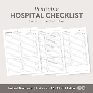 Lista de verificação da mala hospitalar para impressão | Lista de embalagem médica para cirurgia, internação de recuperação e pós-operatório | Lista de verificação da mala de parto para doenças crônicas em PDF