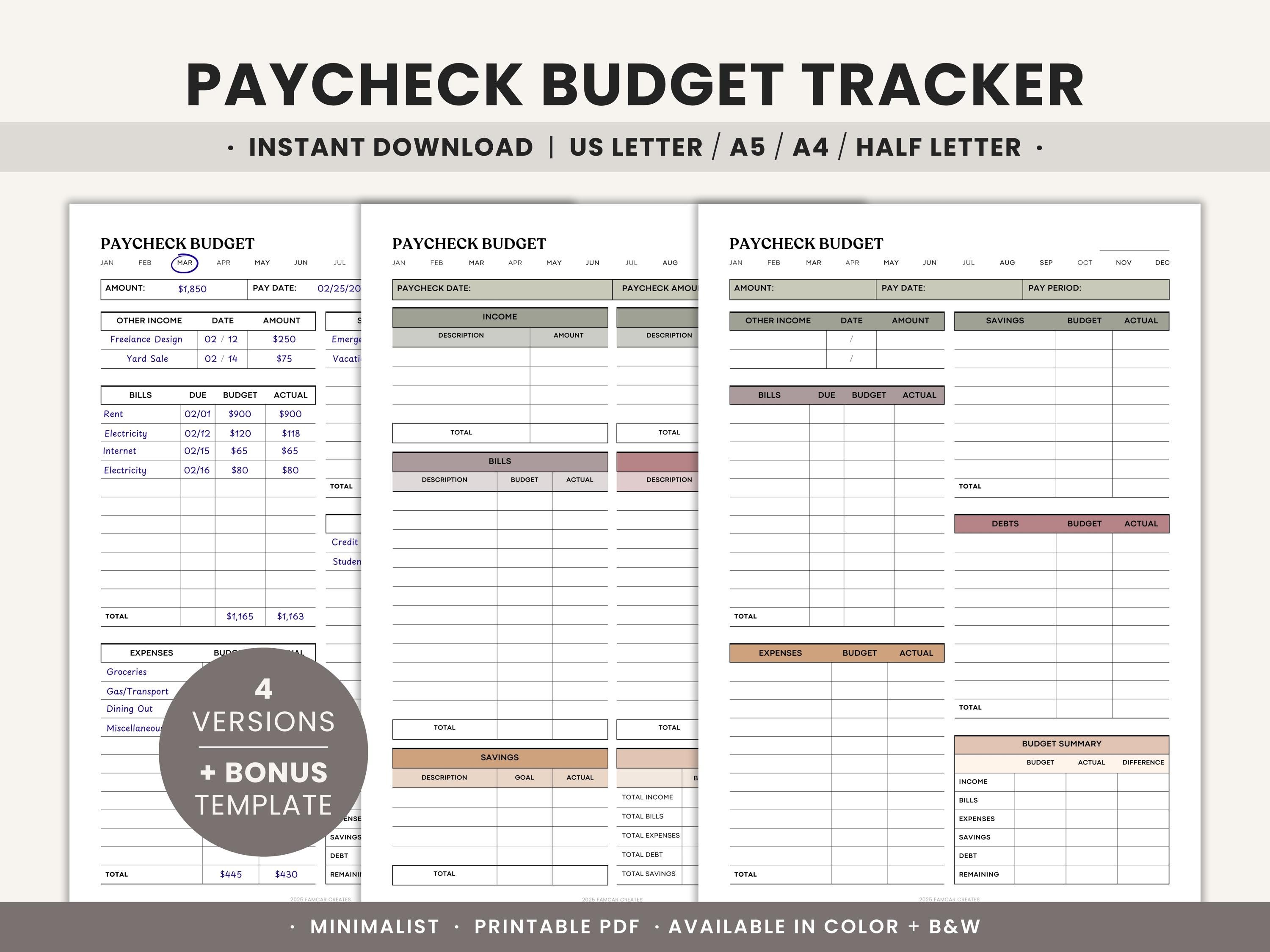Paycheck Budget Planner Printable Budget by Paycheck Tracker, Expense ...