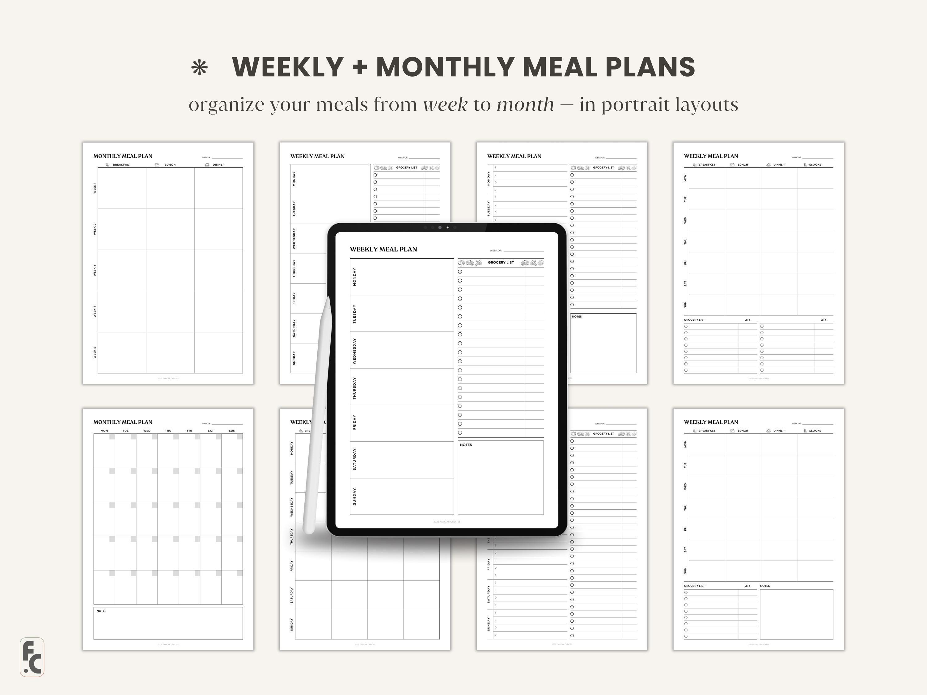 Minimalist Meal Planner Printable Grocery List, Weekly Meal Menu ...