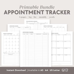 Könnte beinhalten: Druckbarer Terminplaner-Bundle mit sechs Seiten. Die Seiten beinhalten eine Vor-Termin-Checkliste, einen monatlichen Terminplaner, einen Termin-Tracker und eine Terminübersicht. Die Seiten sind in einem minimalistischen Stil mit schwarzem Text auf weißem Hintergrund gestaltet.