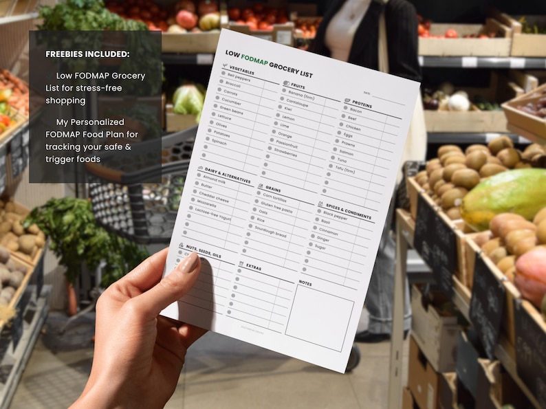 May include: A hand holds a white Low FODMAP Grocery List in a grocery store. The list includes sections for vegetables, fruits, proteins, dairy, grains, spices, and extras. The text "FREEBIES INCLUDED" is visible, along with text about a food plan.