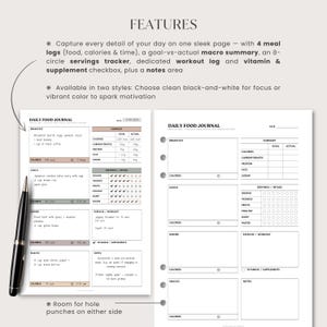 Side-by-side mockups of the daily food journal. One sheet is blank, and the other is filled with sample data including meal logs, calorie and macros summary, servings and intake tracker, workout and supplements log, and notes section. Designed for comprehensive food planning.