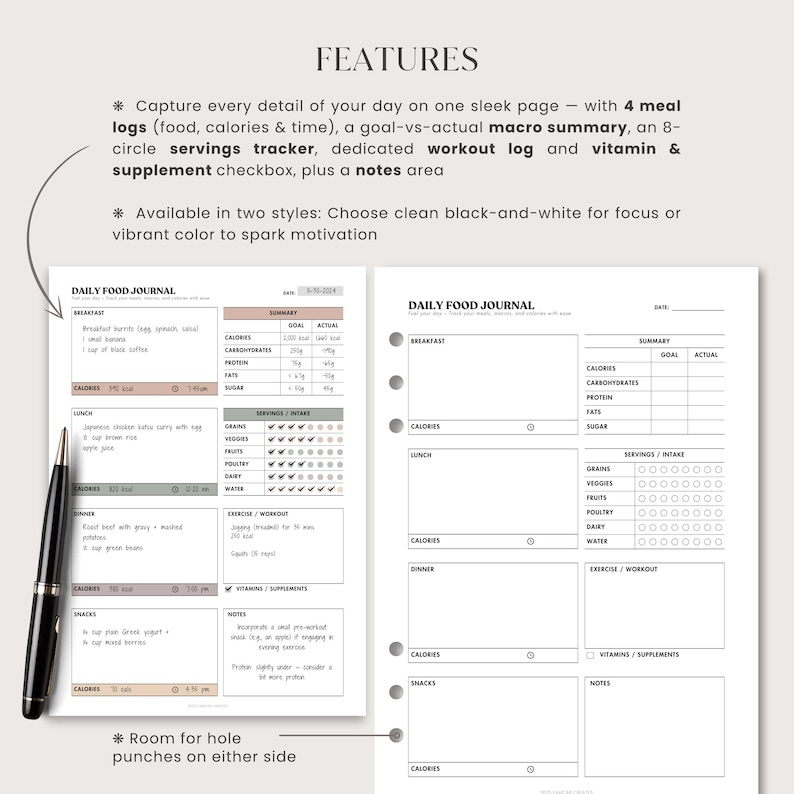 Side-by-side mockups of the daily food journal. One sheet is blank, and the other is filled with sample data including meal logs, calorie and macros summary, servings and intake tracker, workout and supplements log, and notes section. Designed for comprehensive food planning.