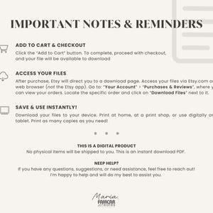 Informational page with key notes and reminders about digital products. Includes details like file format, usage tips and that it's not a fillable PDF