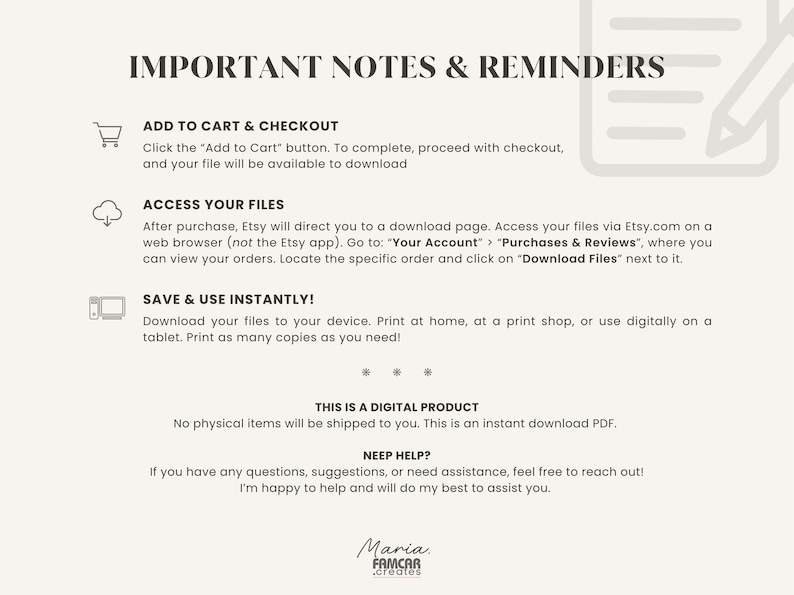 Informational page with key notes and reminders about digital products. Includes details like file format, usage tips and that it's not a fillable PDF
