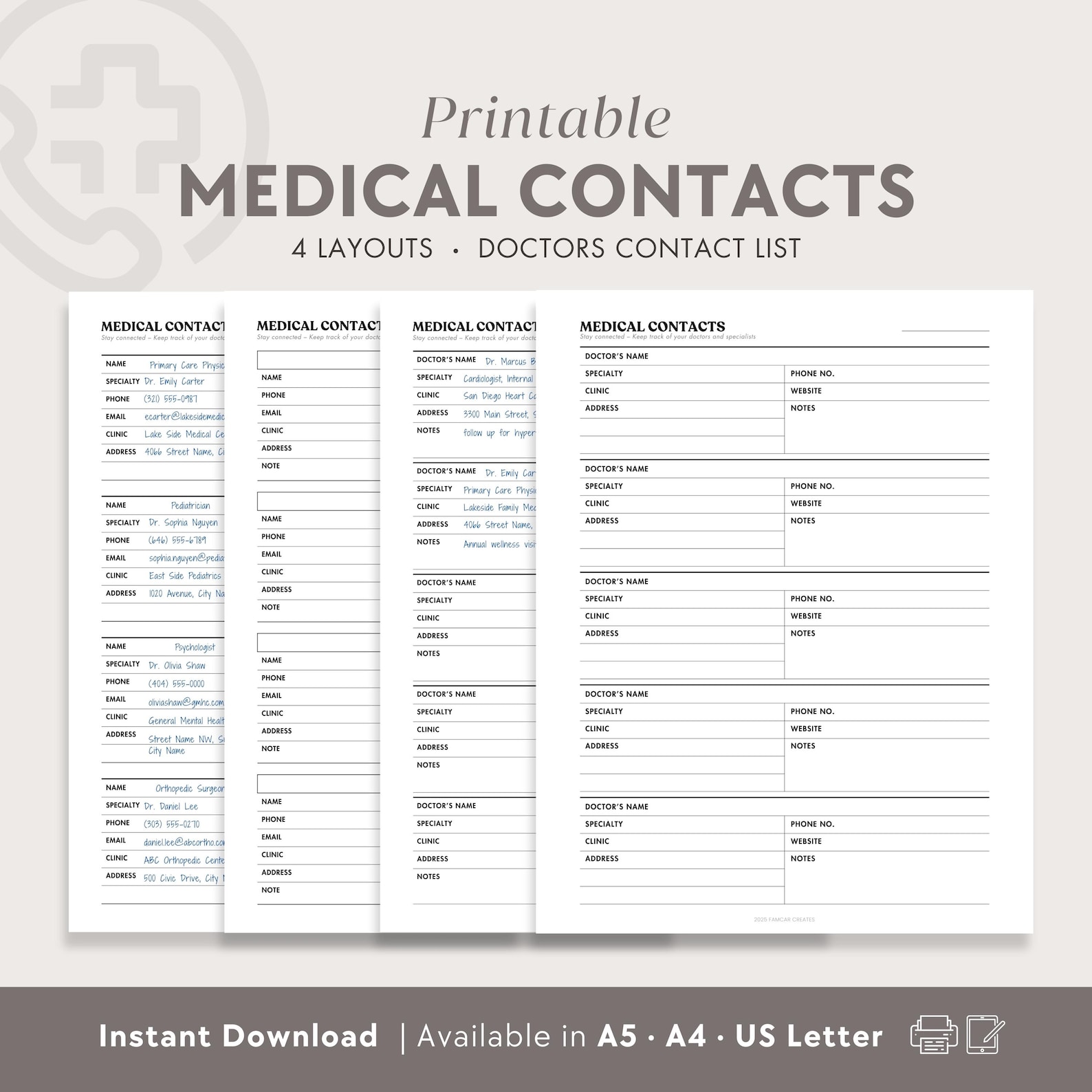 Medical Contacts Printable | Doctor Specialist Contact List, Healthcare ...