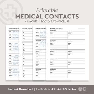 Medical Contacts Printable | Doctor Specialist Contact List, Healthcare Contacts Emergency Medical Information, Doctors Note, Family Planner