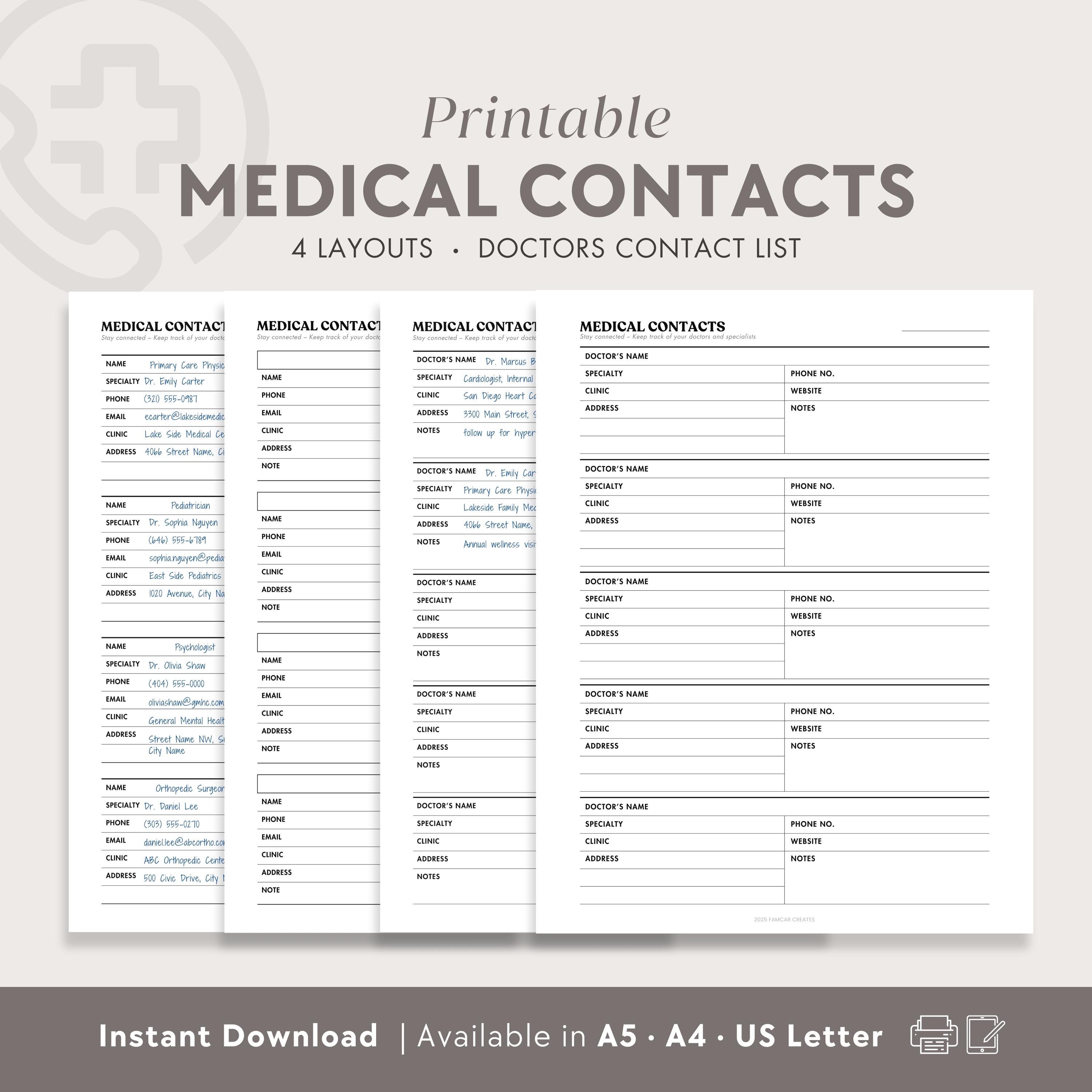 Medical Contacts Printable | Doctor Specialist Contact List, Healthcare ...