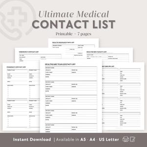 May include: A printable medical contact list with seven pages. The pages include sections for emergency contact, health insurance information, healthcare facility, pharmacy contact, healthcare team contact, and support groups.