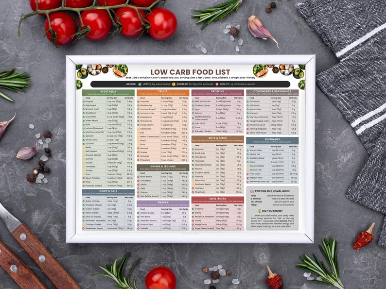 Framed low carb diet guide on kitchen – helpful for weight loss, diabetes, or keto lifestyle.