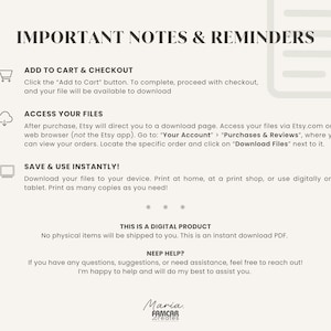 May include: Cream-coloured digital download with text: "IMPORTANT NOTES & REMINDERS." Instructions include how to add to cart, access files, and save instantly. The product is a digital PDF. Contact information is provided.