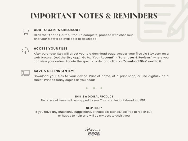 May include: Cream-coloured digital download with text: "IMPORTANT NOTES & REMINDERS." Instructions include how to add to cart, access files, and save instantly. The product is a digital PDF. Contact information is provided.
