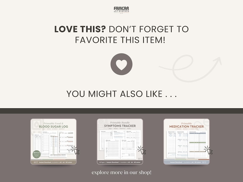 May include: A digital product advertisement with the text "LOVE THIS? DON'T FORGET TO FAVORITE THIS ITEM!" and "YOU MIGHT ALSO LIKE..." Three product previews are displayed below. The shop name is "FAMCAR creates".