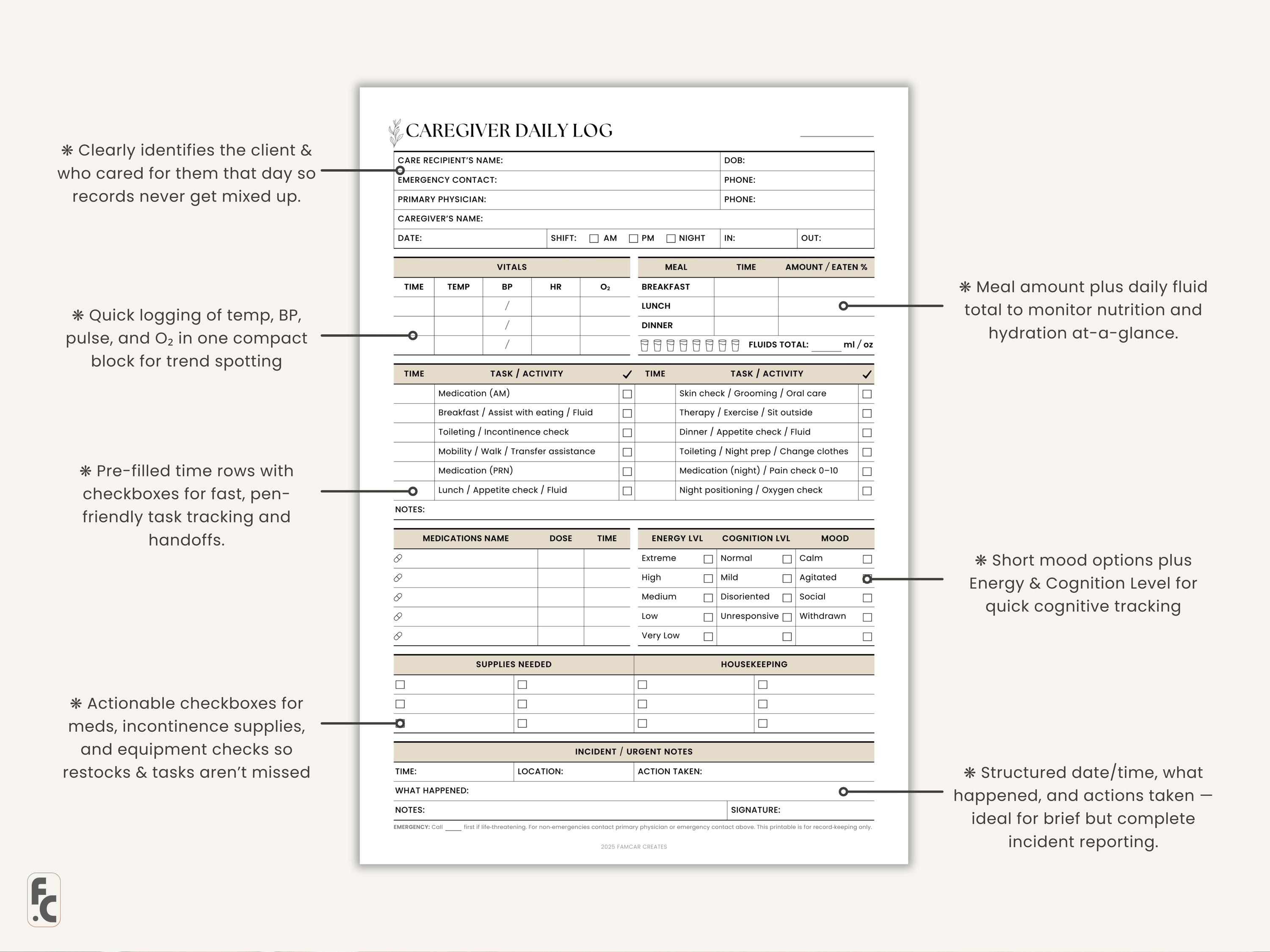 Elderly Care Daily Log Printable Caregiver Checklist for Senior Care ...