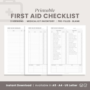First Aid Kit List Printable | Medical Kit Inventory Chart, Pre-Filled First Aid Checklist, Medicine Bag, Safety Box, Emergency Binder PDF