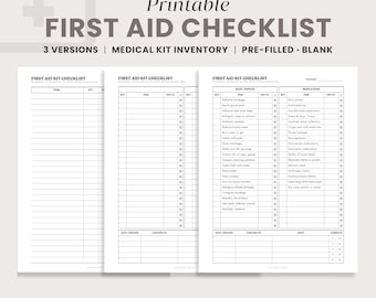 First Aid Kit List Printable | Medical Kit Inventory Chart, Pre-Filled First Aid Checklist, Medicine Bag, Safety Box, Emergency Binder PDF