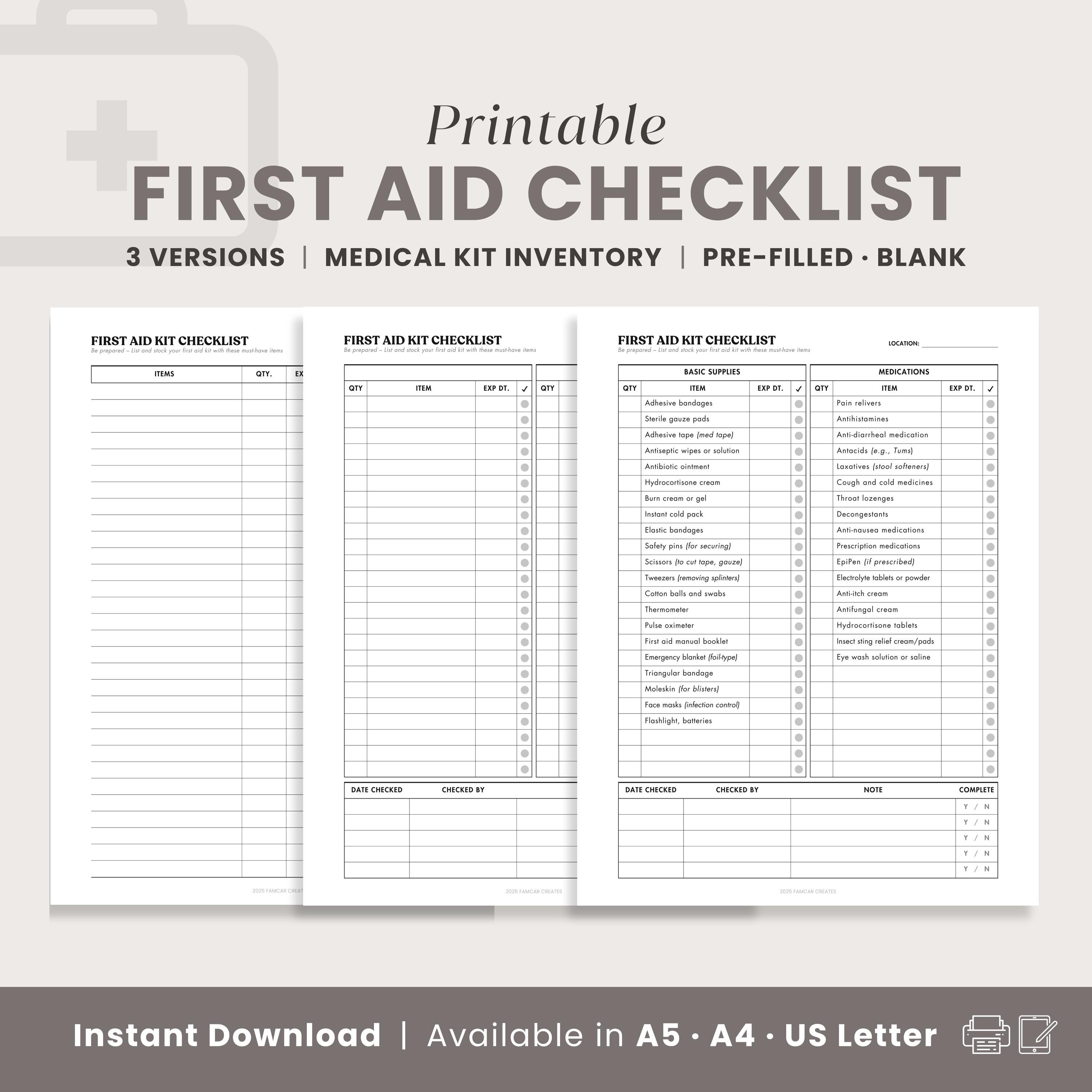 First Aid Kit List Printable Medical Kit Inventory Chart, Pre-Filled First Aid Checklist, Medicine Bag, Safety Box, Emergency Binder PDF