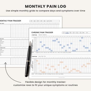 Printable monthly pain tracker with blank customizable grids to track symptoms, body areas, or routines across 31 days, spoonie and fibromyalgia friendly and Chronic pain intensity tracker monthly grid with severity scale from 1 to 10 across 31 days, printable health chart for headaches, arthritis, or fibromyalgia.