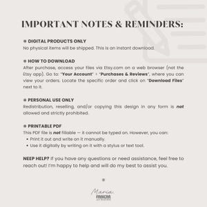 Informational page with key notes and reminders about digital products. Includes details like file format, usage tips, margin spacing for hole punches, and that it's not a fillable PDF