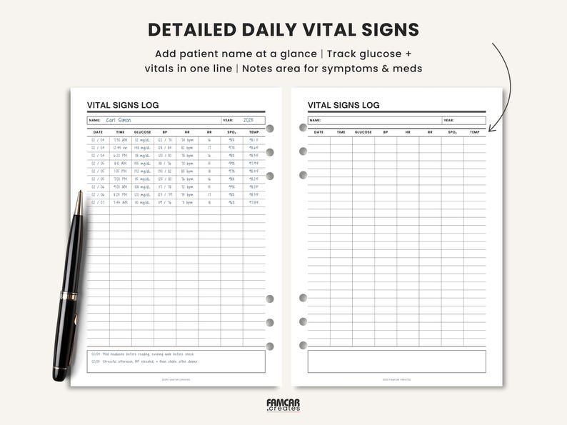 Spo2 Log Template Vital Signs Log Printable Vitals Tracker Nursing Notes Sheet Blood ...