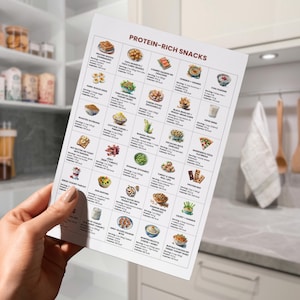 May include: A hand holds a white paper titled "PROTEIN-RICH SNACKS" with food illustrations and nutritional data. The background shows a kitchen with white cabinets, a countertop, and a towel hanging on wooden utensils.