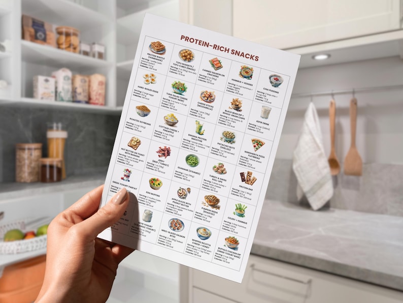 May include: A hand holds a white paper titled "PROTEIN-RICH SNACKS" with food illustrations and nutritional data. The background shows a kitchen with white cabinets, a countertop, and a towel hanging on wooden utensils.