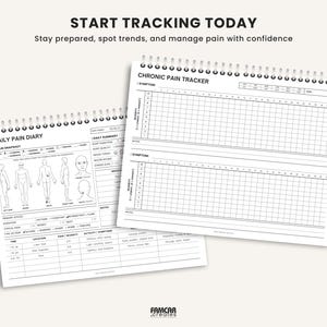 Printable chronic pain tracker bundle showing daily diary, weekly summary, monthly log, and pain intensity grid in landscape format.