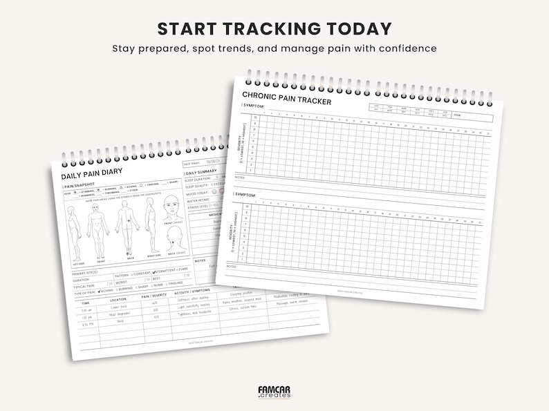 Printable chronic pain tracker bundle showing daily diary, weekly summary, monthly log, and pain intensity grid in landscape format.