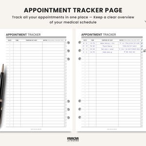 May include: A black and white appointment tracker page with the text "APPOINTMENT TRACKER PAGE". The page includes sections for date, time, purpose of visit, and notes. A black pen rests on the left side of the page.