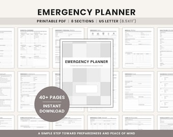 Pode incluir: Um planejador de emergência imprimível com 8 seções, tamanho US Letter (8,5x11 polegadas). A capa apresenta o título "EMERGENCY PLANNER" e um design xadrez simples. Inclui mais de 40 páginas e download instantâneo.