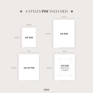 Puede incluir: Dise&ntilde;o de planificador digital con cuatro tama&ntilde;os de papel: A5 (14,7 x 21,1 cm), A4 (21,1 x 29,7 cm), US Letter (21,6 x 27,9 cm) y A5 con marcas de corte (21,6 x 27,9 cm). El texto dice "4 STYLES PDF INCLUDED".