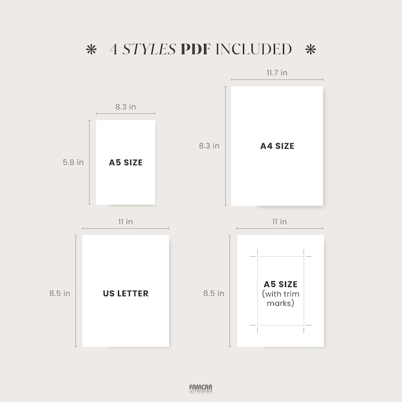 Puede incluir: Dise&ntilde;o de planificador digital con cuatro tama&ntilde;os de papel: A5 (14,7 x 21,1 cm), A4 (21,1 x 29,7 cm), US Letter (21,6 x 27,9 cm) y A5 con marcas de corte (21,6 x 27,9 cm). El texto dice "4 STYLES PDF INCLUDED".
